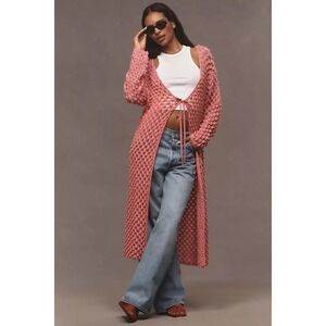 Anthropologie Maeve Pink Popcorn Duster Cardigan Open Knit Crochet OSFM Textured